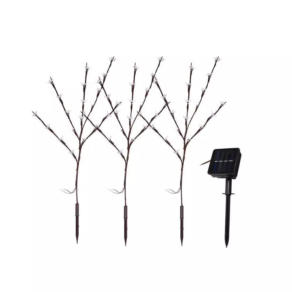 3pc Warm White LED Blossom Branch Tree Solar Lights Garden Pathways Border