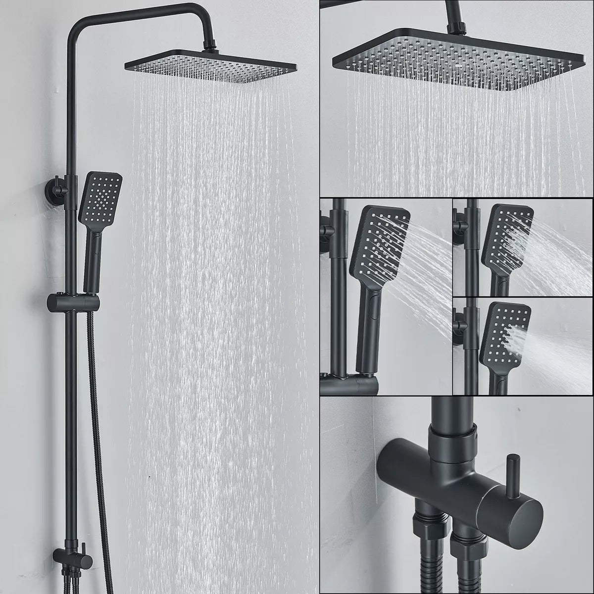Black Exposed Bathroom Shower Twin Head Large Bar Set Square Valve Rail Hose Tap