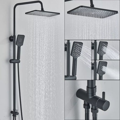 Black Exposed Bathroom Shower Twin Head Large Bar Set Square Valve Rail Hose Tap