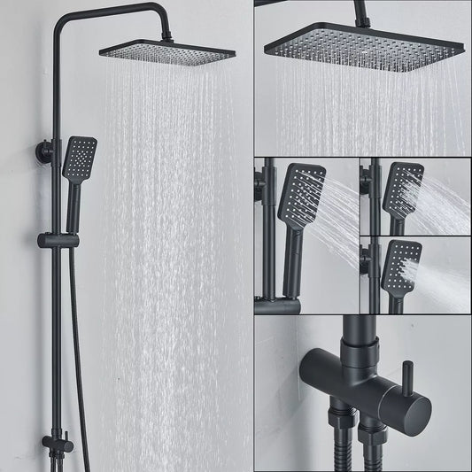 Black Exposed Bathroom Shower Twin Head Large Bar Set Square Valve Rail Hose Tap