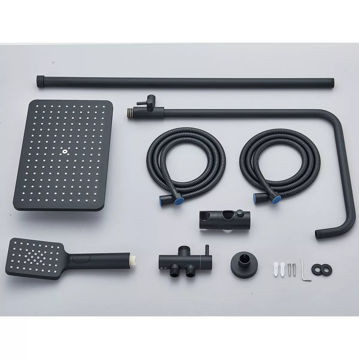 Black Exposed Bathroom Shower Twin Head Large Bar Set Square Valve Rail Hose Tap