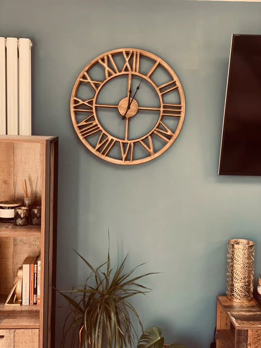 60cm Roman Numerals Wall Clock Open Round Face Brushed Bronze Colour