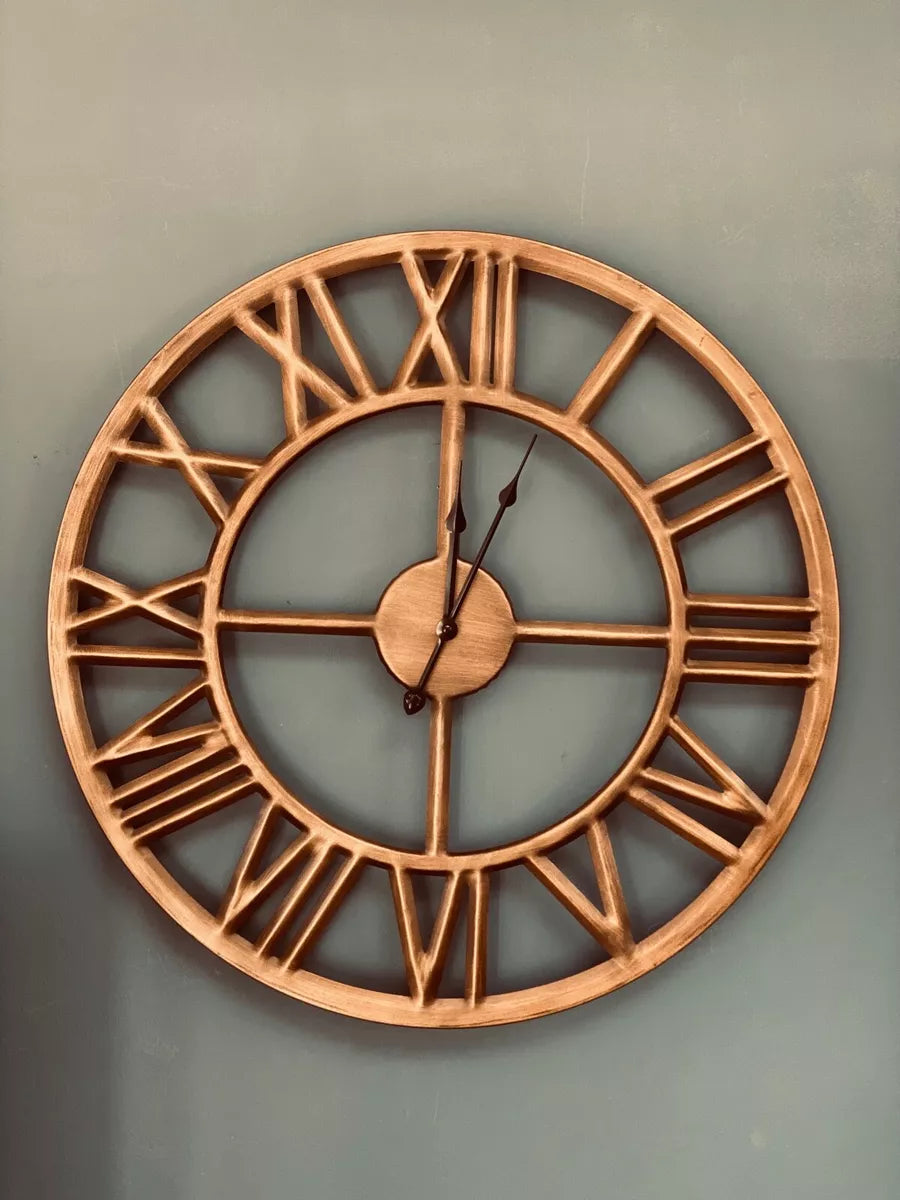 60cm Roman Numerals Wall Clock Open Round Face Brushed Bronze Colour