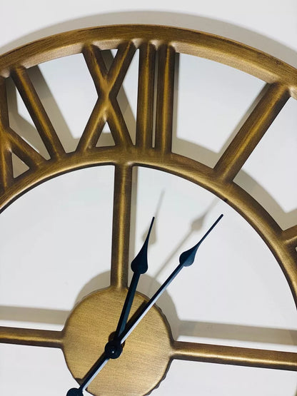 60cm Roman Numerals Wall Clock Open Round Face Brushed Bronze Colour
