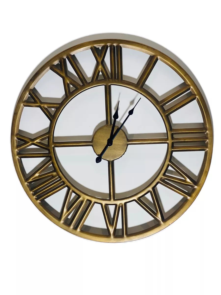60cm Roman Numerals Wall Clock Open Round Face Brushed Bronze Colour