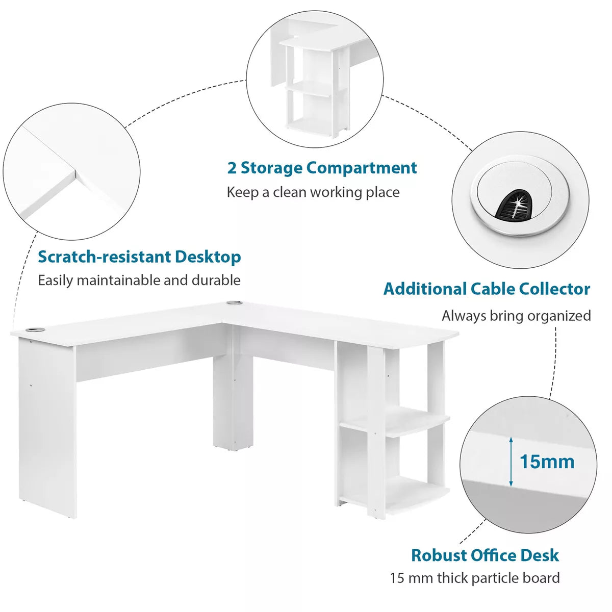 Corner Computer Desk Home Office Study PC Laptop Gaming Desk Workstation White Royalcart