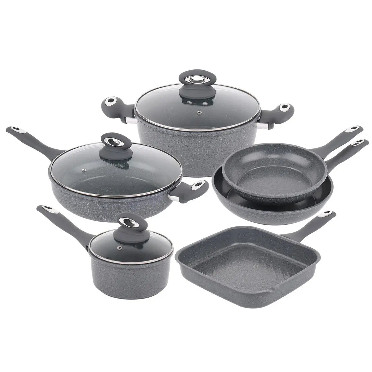 Forged 9 Pcs Grey Marble Carbon Steel Cookware Set Non Stick Pan Saucepan Pots Royalcart