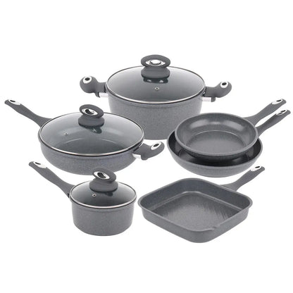 Forged 9 Pcs Grey Marble Carbon Steel Cookware Set Non Stick Pan Saucepan Pots Royalcart