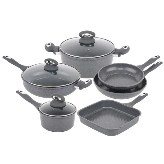 Forged 9 Pcs Grey Marble Carbon Steel Cookware Set Non Stick Pan Saucepan Pots Royalcart