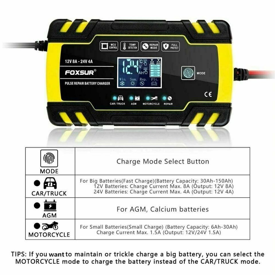 12V 24V Automatic Car Battery Charger Smart Jump Starter Pulse Repair AGM/GEL UK Royalcart